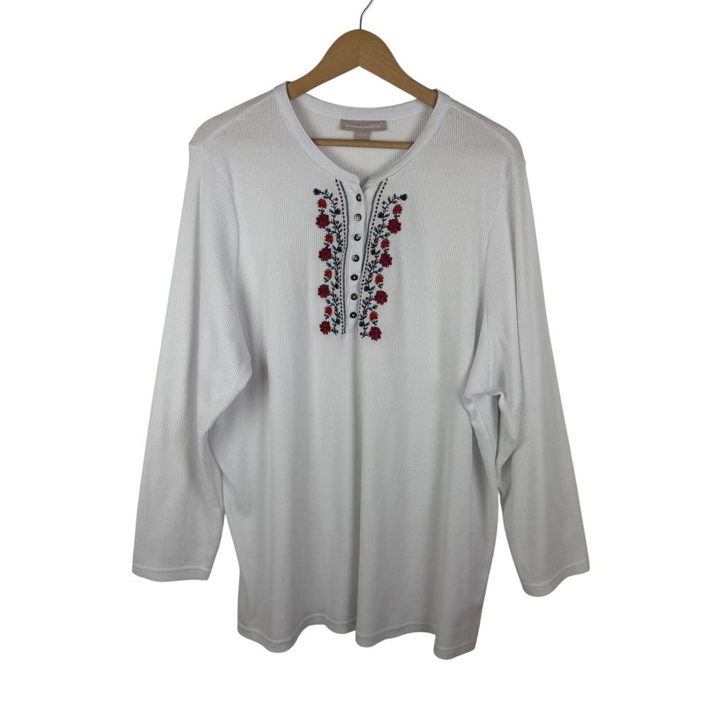 Woman Within Floral Embroidered White Waffle Knit Top 26/28 Western Boho Cottage